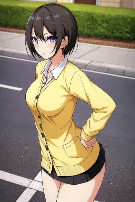 masterpiece, best quality, detailed face, detailed eyes, <lora:HULily:0.5>, HUlily, miniskirt, black hair, short hair, yellow cardigan, medium breasts, outdoors, hands on hips,