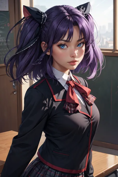 (masterpiece, best quality, 4k, detailed, intricate, realistic),cinematic angle,1girl, sasasegawa sasami, two side up, hair ribbon,school uniform, jacket, bow, plaid skirt,purple hair,blue eyes <lora:littlebusters_sasasegawa:0.8>