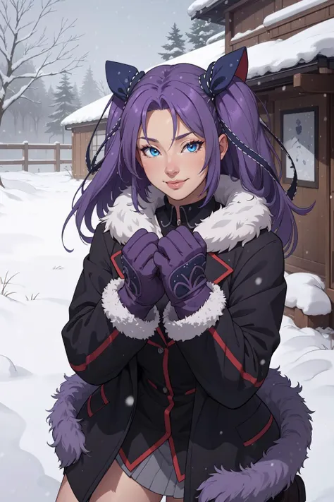 (masterpiece, best quality, 4k, aesthetic, detailed, intricate),outside,snowing,1girl, slight smile,sasasegawa sasami, two side up, hair ribbon,purple hair,blue eyes,fur coat,mittens <lora:littlebusters_sasasegawa:0.8>