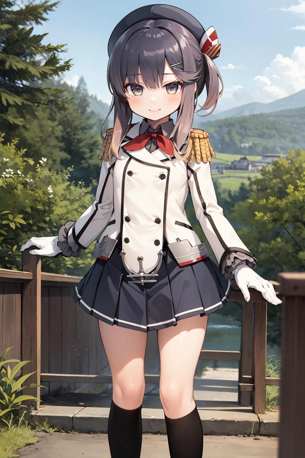 <lora:KashimaCosplay_V10:1> 1girl, solo, evil smile,
kashicos, beret, white gloves, miniskirt, kneehighs,
<lora:TsushimaKancolle_V10:0.8> tsushima \(kancolle\), standing,
outdoors,