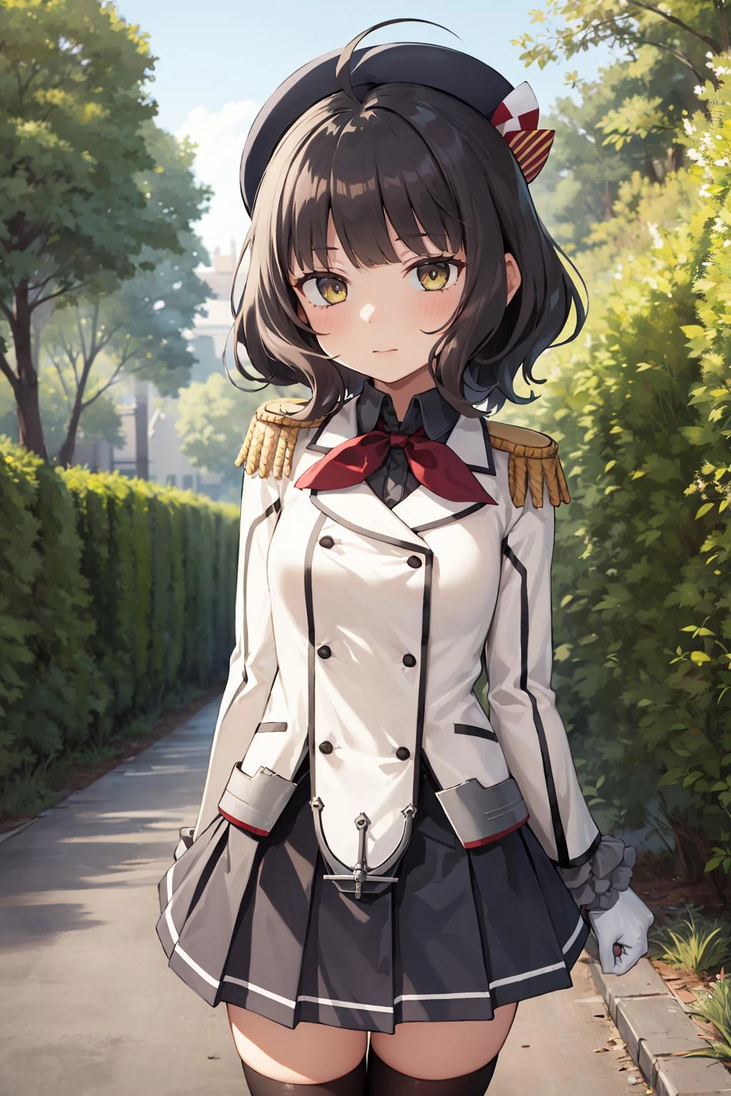 <lora:KashimaCosplay_V10:1> 1girl, solo,
kashicos, beret, white gloves, miniskirt, kneehighs,
<lora:KishinamiKancolle_V10:0.8> kishinami \(kancolle\), ahoge, cowboy shot,
outdoors,