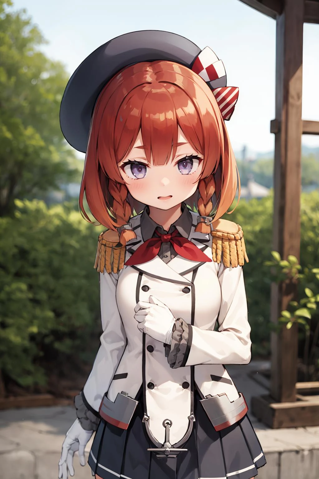 <lora:KashimaCosplay_V10:1> 1girl, solo,
kashicos, beret, white gloves, miniskirt, kneehighs,
<lora:EtorofuKancolle_V10:0.8> etorofu \(kancolle\), upper body, standing,
outdoors,