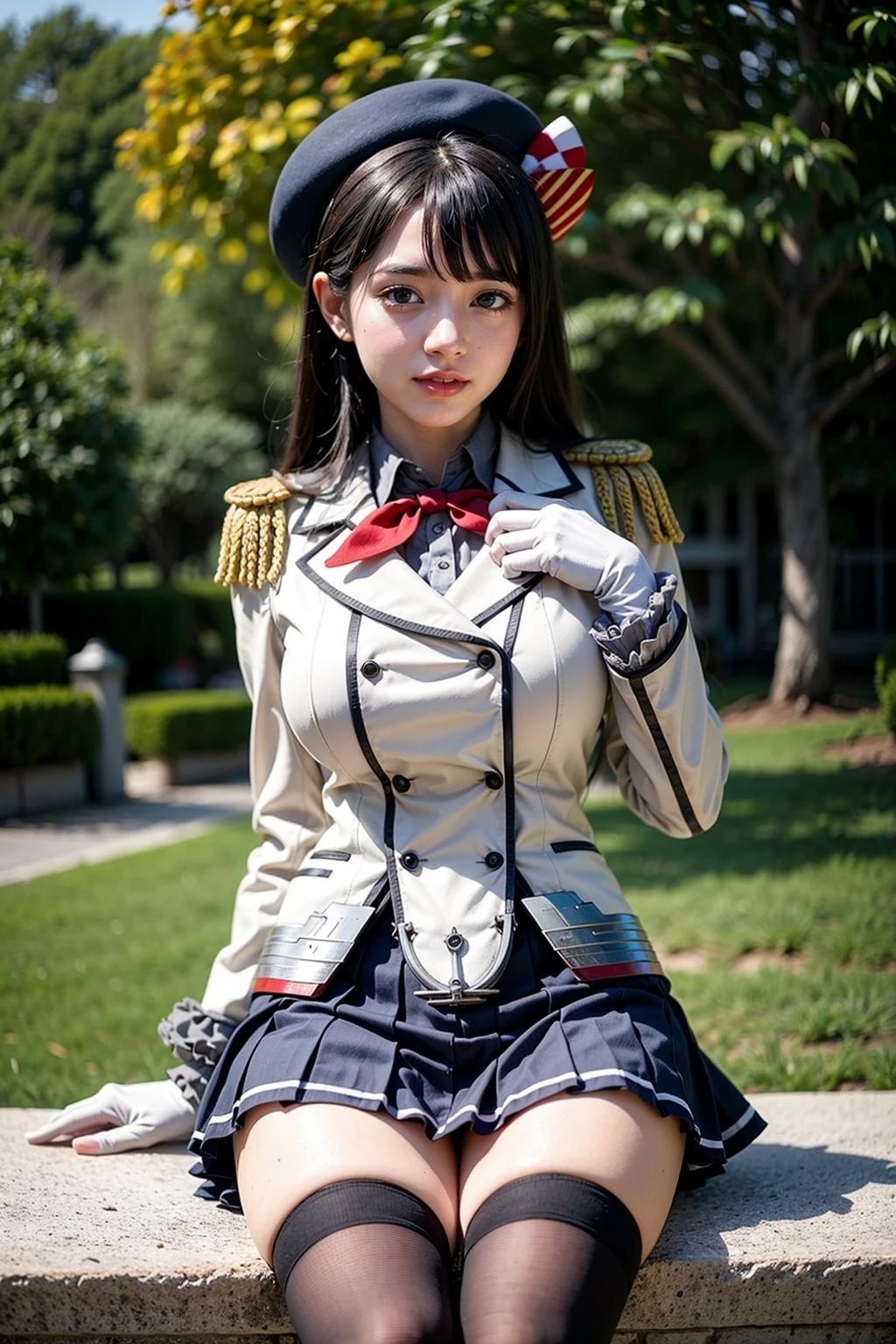 <lora:KashimaCosplay_V10:1> 1girl, solo, black hair, large breasts,
kashicos, beret, white gloves, miniskirt, kneehighs,
outdoors,