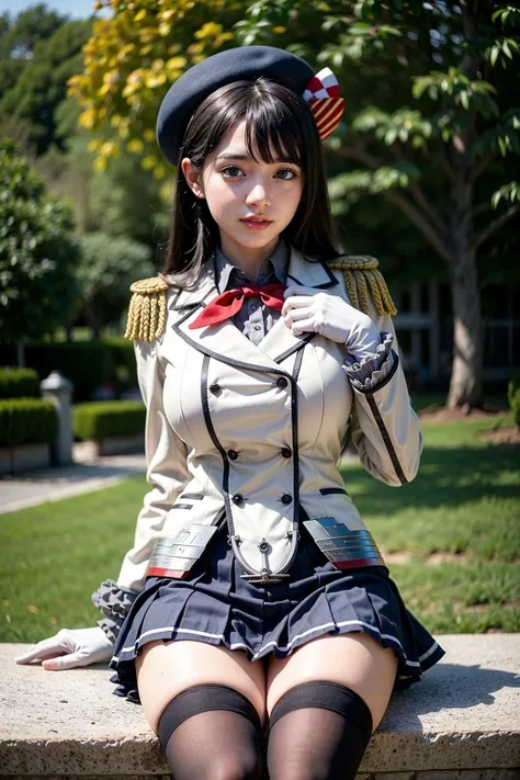 <lora:KashimaCosplay_V10:1> 1girl, solo, black hair, large breasts, 
kashicos, beret, white gloves, miniskirt, kneehighs,
outdoors,