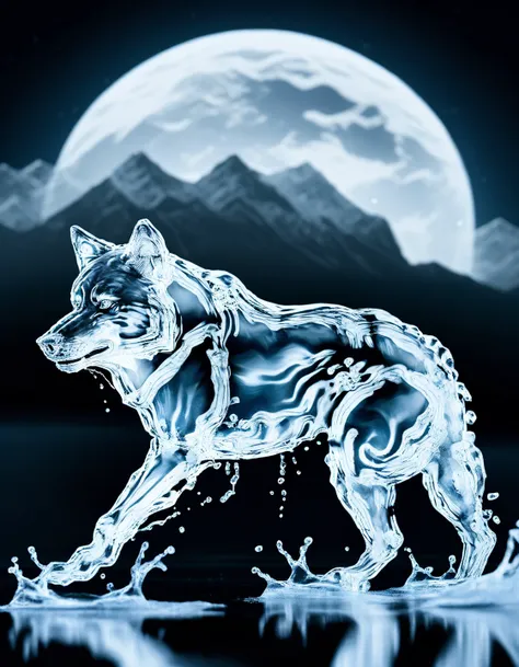 <lora:watercd_xl-000008:0.8>, Photograph, intricate background, shoulder-level shot of a transparent water elemental huge growling timber wolf made of (watercd_xl), Moon in the night, large lake, award-winning, National Geographic photography, cinematic lighting, Film grain, Spirals, award-winning, art by Brian Sum