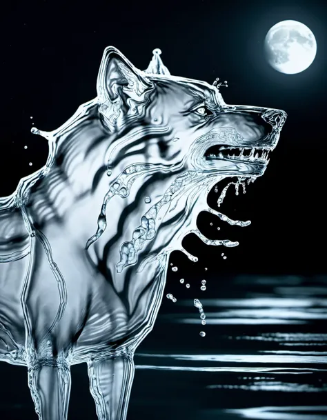 <lora:watercd_xl-000008:0.7>, Photograph, intricate background, shoulder-level shot of a transparent water elemental growling huge timber wolf made of (watercd_xl), Moon in the night, award-winning, National Geographic photography, cinematic lighting, Film grain, Spirals, award-winning, art by Brian Sum