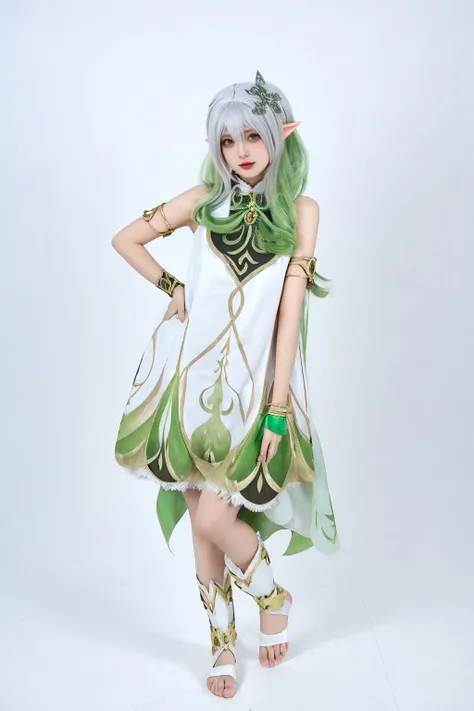 (masterpiece, best quality:1.2),Nahida,1girl,nahida \(genshin impact\),pointy ears,solo,cosplay,green eyes,cosplay costumes,dress,multicolored hair,jewelry,white hair,bracelet,green hair,gradient hair,hair ornament,long hair,bangs,side ponytail,cross-shaped pupils,closed mouth,looking at viewer,realistic,hair between eyes,bare shoulders,toeless legwear,no shoes,white background,pose,full body,<lora:Nahida-000007:0.8>,standing,