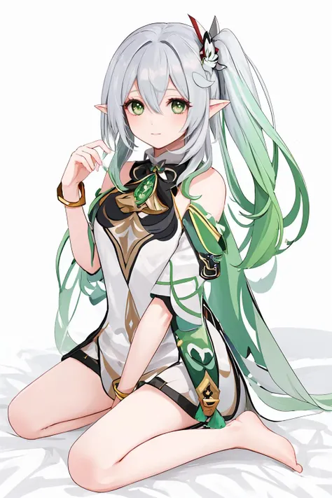NSFW,((1 male and 1 female,have sex)),lying down,lift both legs,vaginal penis,Nahida, 1 girl, gray hair, high quality, 最high quality, table top, (very detailed:1.2), (very detailed:1.3), flat chest, smile with open mouth,string ribbon, high waist skirt, blouse, bare shoulders, armpit,white background