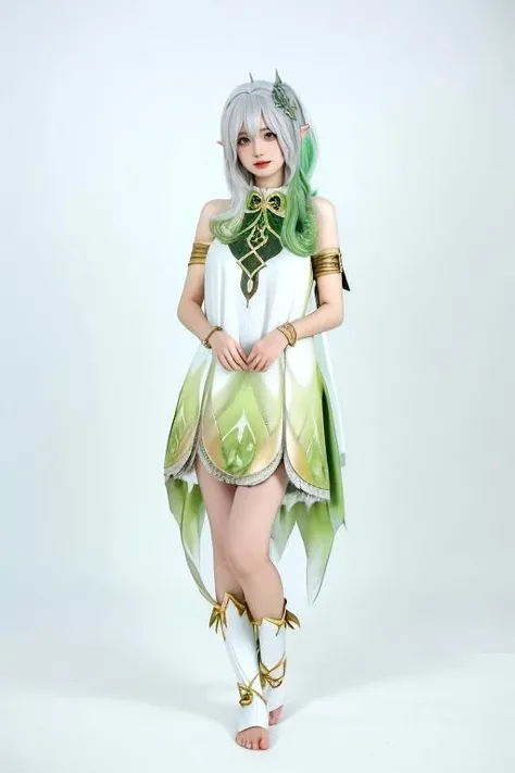 Na,(masterpiece, best quality:1.2),Nahida,1girl,nahida \(genshin impact\),pointy ears,solo,cosplay costumes,dress,cosplay,green eyes,multicolored hair,jewelry,white hair,bracelet,green hair,gradient hair,hair ornament,long hair,bangs,side ponytail,cross-shaped pupils,closed mouth,looking at viewer,realistic,hair between eyes,bare shoulders,toeless legwear,no shoes,white background,(photographic pose:1.3),full body,<lora:Nahida-000009:0.7>,standing,