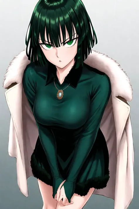 murata yuusuke, masterpiece, best quality, 1girl, bangs, breasts, collared dress, colorized, dress, fubuki \(one-punch man\), fur coat, gradient background, green eyes, green hair, hair between eyes, highres, jewelry, one-punch man, short hair, solo, standing
