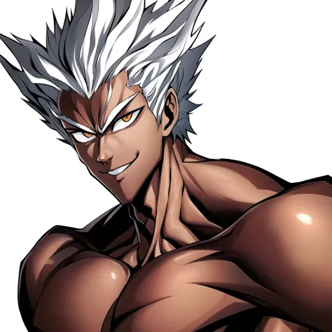 murata yuusuke, garou \(one-punch man\), 1boy, closed mouth, collarbone, yellow eyes, looking at viewer, male focus, manly, muscular, nipples, pectorals, red eyes, silver hair, simple background, smile, solo, stance, veins, white background, outdoors, highres ,<lora:murataOnePunchMan_1:1>