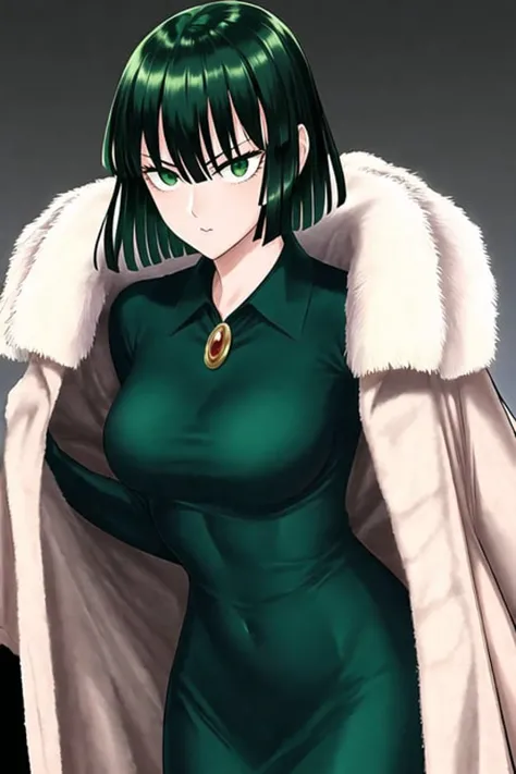 murata yuusuke, masterpiece, best quality, 1girl, bangs, breasts, collared dress, colorized, dress, fubuki \(one-punch man\), fur coat, gradient background, green eyes, green hair, hair between eyes, highres, jewelry, one-punch man, short hair, solo, standing