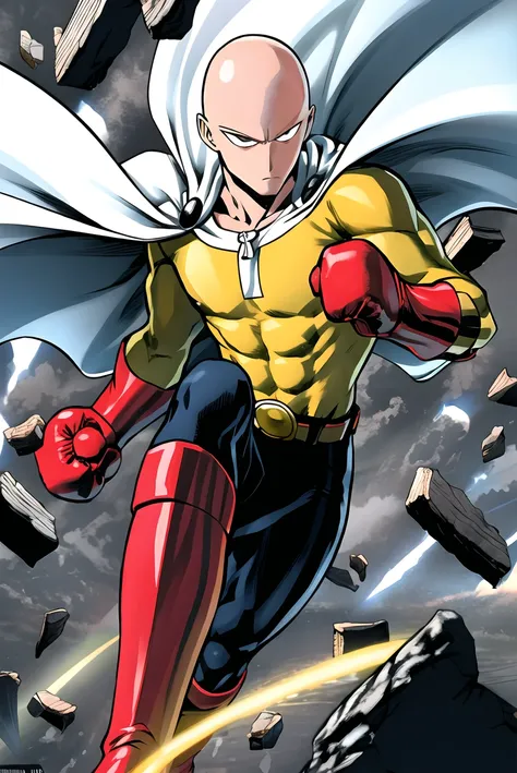 murata yuusuke, saitama \(one-punch man\), one-punch man, 1boy, bald, belt, yellow bodysuit, boots, white cape, clenched hand, closed mouth, debris, floating cape, red gloves, leg up, looking at viewer, male focus, motion lines, punching, red boots, serious, solo, superhero, watermark, wind
<lora:murata_yuusuke:0.6>