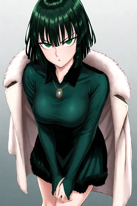 murata yuusuke, masterpiece, best quality, 1girl, bangs, breasts, collared dress, colorized, dress, fubuki \(one-punch man\), fur coat, gradient background, green eyes, green hair, hair between eyes, highres, jewelry, one-punch man, short hair, solo, standing