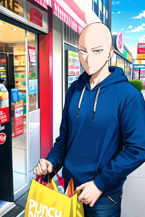 murata yuusuke, saitama \(one-punch man\), one-punch man, 1boy, bald, casual clothes, shopping bag , white shirt, blue hoodie, outdoors,
<lora:murata_yuusuke:0.6>