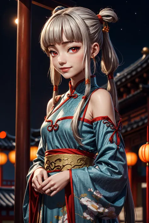 (ultra realistic,32k, masterpiece),high detailed skin, high quality, <lora:TianziV2_2:0.8>, 1girl, Tianzi_V2, white racial skin, grey color hair, sidelocks, blunt bangs, quad tails, hair rings, hair ornament, red eyes, chinese clothes, hanfu, blue dress, bare shoulders, detached collar, detached sleeves, long sleeves, puffy sleeves, smile, ancient chinese temple, blurry background, looking at viewer, upper body shot <lora:add_detail:0.96>, moon light, nighttime