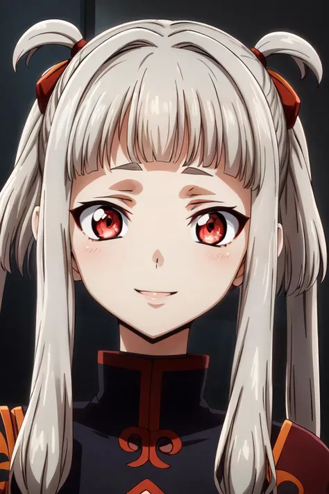 (masterpiece, best quality:1.2), highres, anime screencap, anime coloring, 1girl, solo, smile, 
Tianzi_V2, grey hair, long hair, quad tails, sidelocks, blunt bangs, hair tubes, hair rings, hair ornament, red eyes, 
looking at viewer, facing viewer, portrait, face focus, 
<lora:add_detail_CyberAlchemist:0.4>, <lora:GoodHands-beta2:0.8>, <lora:TianziV2_2-000009:0.8>