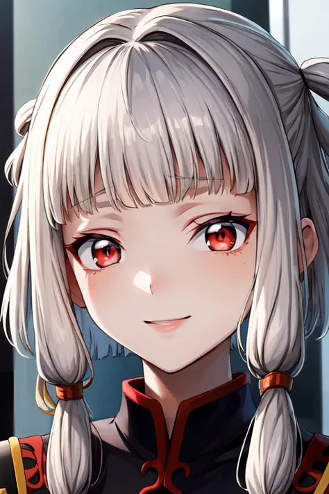(masterpiece, best quality:1.2), highres, anime screencap, anime coloring, 1girl, solo, smile,
Tianzi_V2, grey hair, long hair, quad tails, sidelocks, blunt bangs, hair tubes, hair rings, hair ornament, red eyes,
looking at viewer, facing viewer, portrait, face focus,
<lora:add_detail_CyberAlchemist:0.4>, <lora:GoodHands-beta2:0.8>, <lora:TianziV2_2-000009:0.8>