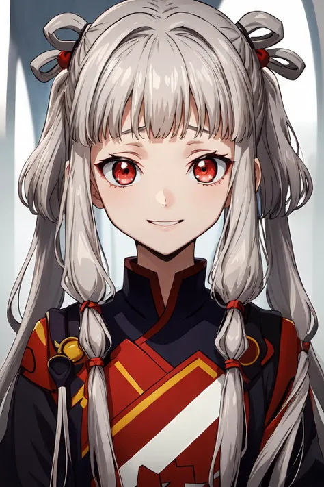 (masterpiece, best quality:1.2), highres, anime screencap, anime coloring, 1girl, solo, smile, 
Tianzi_V2, grey hair, long hair, quad tails, sidelocks, blunt bangs, hair tubes, hair rings, hair ornament, red eyes, 
looking at viewer, facing viewer, portrait, face focus, 
<lora:add_detail_CyberAlchemist:0.4>, <lora:GoodHands-beta2:0.8>, <lora:TianziV2_2-000009:0.8>