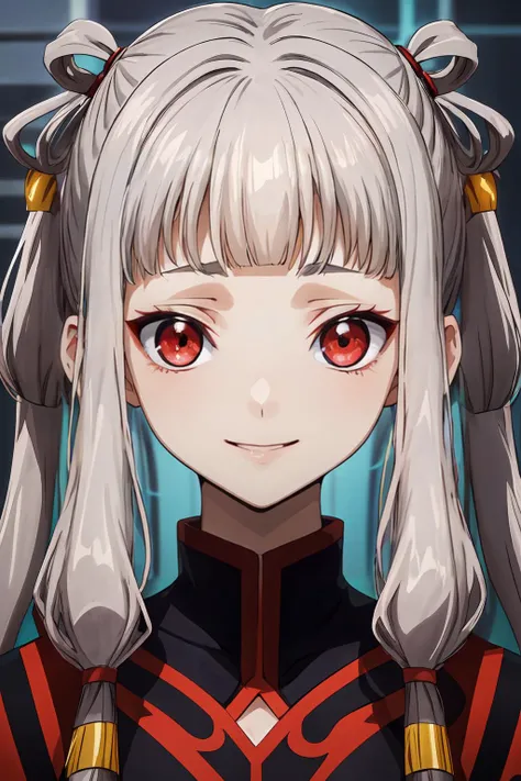 (masterpiece, best quality:1.2), highres, anime screencap, anime coloring, 1girl, solo, smile,
Tianzi_V2, grey hair, long hair, quad tails, sidelocks, blunt bangs, hair tubes, hair rings, hair ornament, red eyes,
looking at viewer, facing viewer, portrait, face focus,
<lora:add_detail_CyberAlchemist:0.4>, <lora:GoodHands-beta2:0.8>, <lora:TianziV2_2-000009:0.8>
