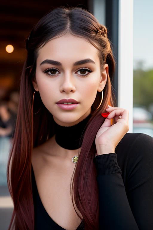 KaiaGerber-3500, Masterpiece, high quality, 4K, beautiful design, shiny, from the front, award winning photo, extremely detailed, amazing, fine detail, absurdres, highly detailed tarab, extremely detailed eyes and face, by lee jeffries nikon d850 film stock photograph 4 kodak portra 400 camera f1.6 lens rich colors hyper realistic lifelike texture dramatic lighting unrealengine trending on artstation cinestill 800 tungsten, 1girl, solo, expressive look, (smiling seductively,puffy lips,) HDR, highest quality, sexy dress, sharp focus, looking at viewer, facing viewer, 4k,emerald green eyes beautifully detailed,a woman in a (((black and red))) dress standing in front of a wall, piercing eyes, looking straight, a 20 year old cute juanita-2500, very happy,long braided hair, wearing an off-shoulder sweater, choker, closeup portrait, in a outdoor cafe in 2015, afternoon light