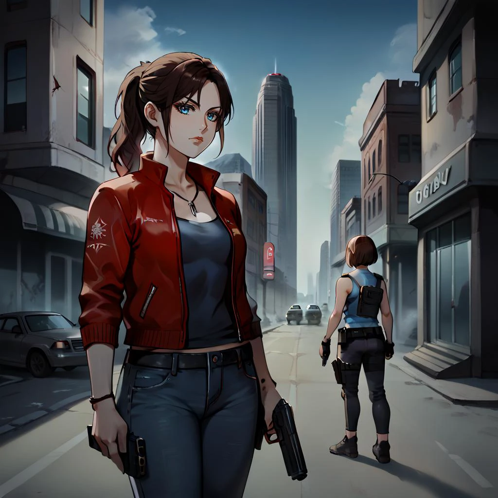 score_9_up, score_8_up, score_7_up, semi-realistic, nght time, street, new york city, apocalyptic landscape, buildings on fire, smoke, broken buildings, 2girls. <lora:Anime Cold Night Style SDXL_LoRA_Pony Diffusion V6 XL:0.5>
BREAK score_9_up, score_8_up, score_7_up Beautiful Claire Redfield <lora:Claire_Redfield_Pony:0.5>, wearing a red jacket, jeans, dark blue shirt, she's petite, small breasts, holding a gun, looking around
BREAK score_9_up, score_8_up, score_7_up Sasha Zotova <lora:SashaTest:0.5> as Jill Valentine, fit body, from Resident Evil, brown hair, bob cut, wearing blue sleeveless shirt, black pants, standing and holding a gun, looking around warily,