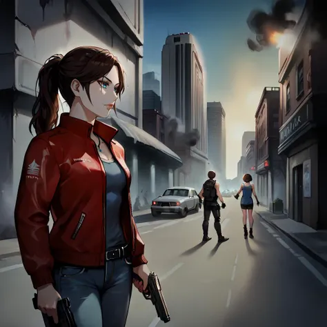 score_9_up, score_8_up, score_7_up, semi-realistic, nght time, street, new york city, apocalyptic landscape, buildings on fire, smoke, broken buildings, 2girls. <lora:Anime Cold Night Style SDXL_LoRA_Pony Diffusion V6 XL:0.5>
BREAK score_9_up, score_8_up, score_7_up Beautiful Claire Redfield <lora:Claire_Redfield_Pony:0.5>, wearing a red jacket, jeans, dark blue shirt, she's petite, small breasts, holding a gun, looking around
BREAK score_9_up, score_8_up, score_7_up Sasha Zotova <lora:SashaTest:0.5> as Jill Valentine, fit body,  from Resident Evil, brown hair, bob cut, wearing blue sleeveless shirt, black pants, standing and holding a gun, looking around warily,