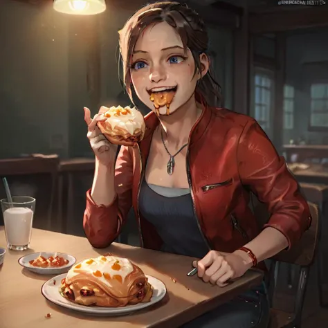 score_9_up, score_8_up, score_7_up, semi-realistic, beautiful photograph of Claire Redfield <lora:Claire_Redfield_Pony:1>, at a coffees tore, eating delicious croissants, seated at a table, she's wearing a red jacket and a blue shirt underneath, jeans, petite figure, happy face, ray-tracing, warm lighting. <lora:Bread:1>