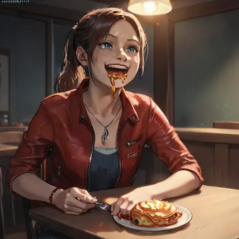 score_9_up, score_8_up, score_7_up, semi-realistic, beautiful photograph of Claire Redfield <lora:Claire_Redfield_Pony:1>, at a coffees tore, eating delicious croissants, seated at a table, she's wearing a red jacket and a blue shirt underneath, jeans, petite figure, happy face, ray-tracing, warm lighting. <lora:Bread:1>