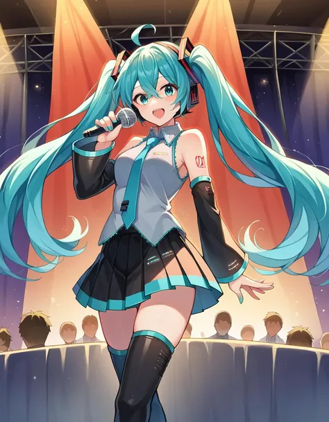 score_9, score_8_up, score_7_up, source_anime,
mikuhatsune, <lora:miku-hatsune-ponyxl-lora-nochekaiser:1>,
miku hatsune, ahoge, aqua eyes, aqua hair, crossed bangs, hair between eyes, hair ornament, headphones, long hair, twintails, mature female,
aqua necktie, black footwear, black skirt, black sleeves, boots, collared shirt, detached sleeves, grey shirt, necktie, pleated skirt, shirt, skirt, sleeveless, sleeveless shirt, thigh boots, tie clip,
indoors, stage, stage lights, concert, microphone, holding microphone, audience, singing,
looking at viewer, dutch angle, cowboy shot,