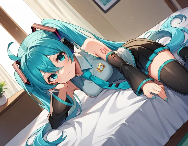 score_9, score_8_up, score_7_up, source_anime,
mikuhatsune, <lora:miku-hatsune-ponyxl-lora-nochekaiser:1>,
miku hatsune, ahoge, aqua eyes, aqua hair, crossed bangs, hair between eyes, hair ornament, headphones, long hair, twintails, mature female,
aqua necktie, black footwear, black skirt, black sleeves, boots, collared shirt, detached sleeves, grey shirt, necktie, pleated skirt, shirt, skirt, sleeveless, sleeveless shirt, thigh boots, tie clip,
indoors, bed, bed room, on side,
looking at viewer, dutch angle, cowboy shot,