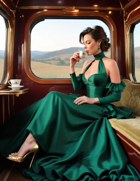 Victoria Rose, adorned in her vintage train's regal carriage, wore an exquisite emerald silk gown with delicate ruffles and a high neck collar, accessorized by opulent gold pearl earrings and strappy stiletto heels; as she gazed out the panoramic window at the picturesque rolling hills under the starry night sky, sipping steaming Earl Grey tea from her porcelain teacup while reminiscing about the memories that traveled with her. <lora:trouij18f21b09f5bv2dc:1>