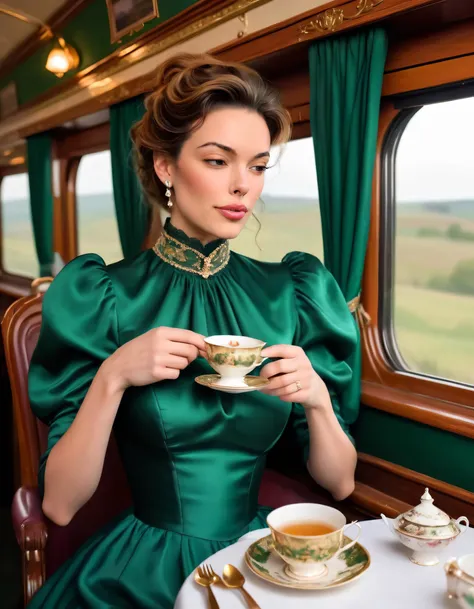 Victoria Rose sat regally onboard the charming Victorian train, traveling through the picturesque rolling hills lit by a starry night sky, elegantly dressed in her emerald silk dress with subtle ruches and a high-neck collar; gold pearl earrings dangling from her earlobes, and her graceful fingers holding a delicate porcelain teacup filled with steaming Earl Grey tea, reflecting on memories while taking in the breathtaking views through the panoramic window. <lora:trouij18f21b09f5bv2dc:1>