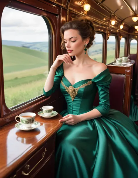 Victoria Rose, elegantly clad in a Victorian-inspired emerald silk gown with intricate details and expensive gold pearl earrings, graced the antiquated carriage of the vintage train meandering through the enchanting landscapes of rolling hills, as she sipped her Earl Grey tea from a delicate porcelain teacup while gazing through the panoramic window at the star-filled sky, allowing memories and musings to flood her mind. <lora:trouij18f21b09f5bv2dc:1>