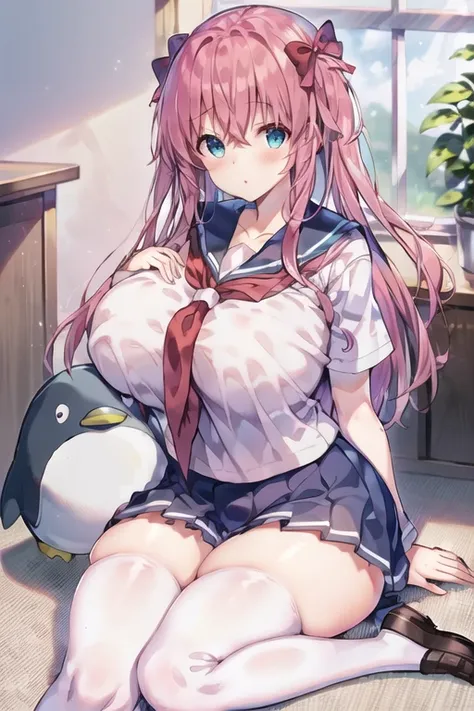 nodokaharamura, 1girl, solo, pink middle hair, huge breasts, red ribbon,
schooluniform, thighhighs, loafers, stuffed penguin,
<lora:nodokaharamura:0.8>
indoor, sitting, holding stuffed penguin in arm,