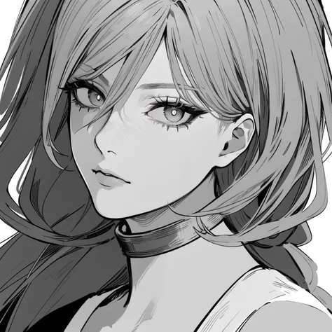 masterpiece, 1girl, braid, collar, expressionless, eyelashes, greyscale, hair between eyes, looking at viewer, monochrome, nose, portrait, ringed eyes, sidelocks, white background, (masterpiece, exceptional, best aesthetic, best quality, masterpiece, extremely detailed:1.2), <lyco:inoitoh-000013:0.7>, (greyscale, monochrome:1.1) <lora:inoitoh:1>