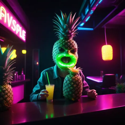 cinematic shot, creepy alien, disturbingly eating a pineapple,night club,neon lights, volumetric lighting, <lora:alienxl:1>