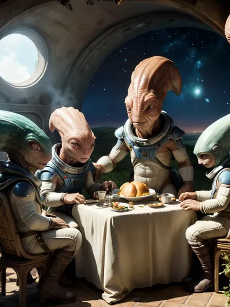 diplomatic summit, (various extraterrestrial creatures:1.7) gathering,  (no humans:1.5), interstellar alien delegates in an area, (green, brown, blue skins:1.3), anti-gravity chambers, universal  translators, galactic peace accords made by (various alien species:1.8)
bold lines, hyper detailed, expressive, award winning, (scenery:1.4), (intricate details, masterpiece, best quality:1.4), dynamic pose, wide angle view,
<lora:xl_more_art-full_v1:0.9>  aliens creatures <lora:alienxl:0.7> alien, monster, creature, science fiction, style by ((Jules breton)) and Jean-FranÃ§ois Millet, ((style by Jason Gonzales and MÅbius))
