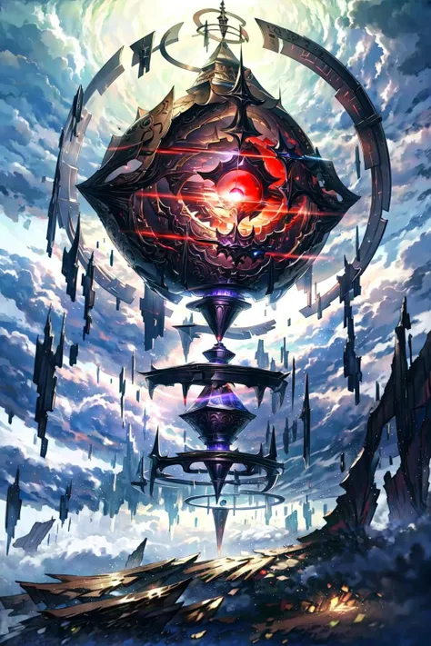 <lora:zwu:0.85>,no humans,sky,cloudy sky,scenery,fantasy,floating island,cloud,sky,solo,red eyes,weapon,glowing,
<lora:ell:0.45>,mechanical,technology,armor,