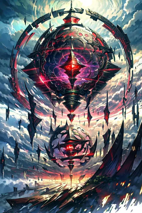 <lora:zwu:0.85>,no humans,sky,cloudy sky,scenery,fantasy,floating island,cloud,sky,solo,red eyes,weapon,glowing,
<lora:ell:0.35>,red,green,mechanical,technology,armor,