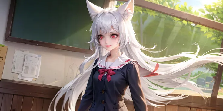 masterpiece, best quality, <lora:wzry-max:1>, 1girl,long hair,white hair,animal ears, red eyes,school uniform, smile,looking to the side,