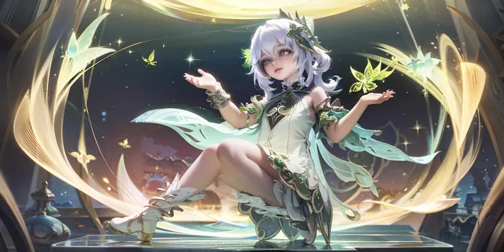 uma imagem de uma menina com um vestido verde e uma capa verde, Impacto de Ayaka Genshin, splash arte anime loli, arte oficial altamente detalhada, arte oficial do personagem, Cute anime waifu in a nice dress, arte oficial do anime, Keqing de Genshin Impact, divindade de cabelos brancos, Arauto Esmeralda, Arte Oficial, estilo shadowverse, deusa anime, realista, HD, 4k, 8k, rtx on, olhos realistas, olhos bonitos hd