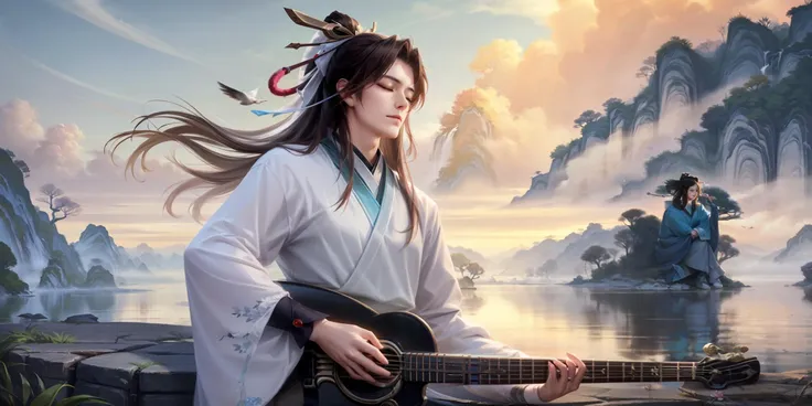 masterpiece, best quality, <lora:wzry-max:1>, long hair, mountain, 1boy, sitting, bird, black hair, male focus, chinese clothes, solo, water, sky, tree, long sleeves, cloud, outdoors, dress, rock, instrument, closed eyes, hair ornament, jewelry, brown hair, 1girl, upper body, closed mouth, hanfu, flower, from side