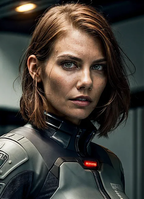 close up photo of sks woman, rugged space trucker, inside industrial spaceship, futuristic science fiction, action scene, digital concept art, realistic, intricate detailed textures, filmic, cinematic, environmental character portrait, <lora:locon_laurencohan_v1_from_v1_64_32:1.25>