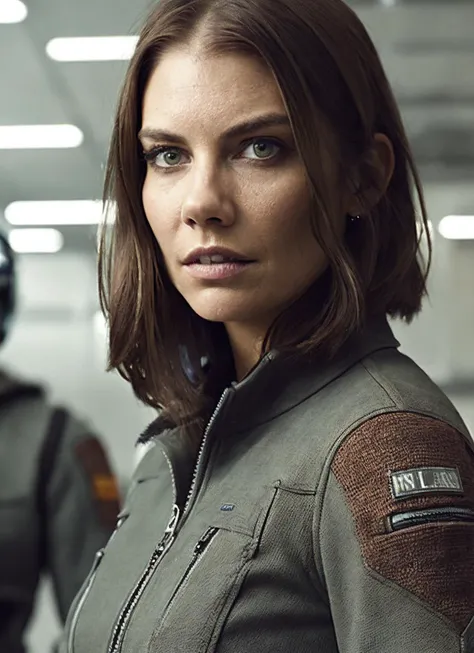 close up photo of sks woman, rugged space trucker, inside industrial spaceship, futuristic science fiction, action scene, digital concept art, realistic, intricate detailed textures, filmic, cinematic, environmental character portrait, <lora:locon_laurencohan_v1_from_v1_64_32:1.25>