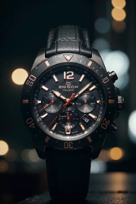 a mechanical wristwatch, exposed mechanisms, futuristic, product lighting, cyberpunk, heavy bokeh depth of field, advertisement Photography