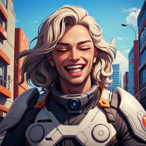 , (((masterpiece, best quality, high quality, aipub))), bust of a gorgeous man with medium straight ivory hair and big narrow tan eyes, laughing, closed eyes, open mouth,, tactical gear outfit, , in a scifi city