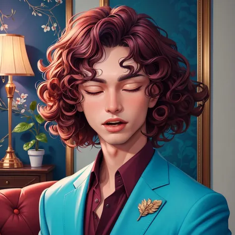 , (((masterpiece, best quality, high quality, aipub))), portrait of a gorgeous man with medium curly turquoise hair and small wide maroon eyes, disgusted, closed eyes, open mouth,, business suit outfit, , in the living room