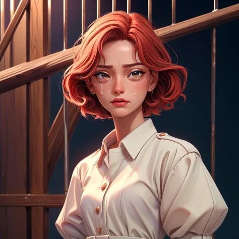(((masterpiece, best quality, high quality, aipub))), action shot of a gorgeous woman with short straight crimson hair and small narrow beige eyes, crying, open eyes, closed mouth,, warrior outfit, , in jail