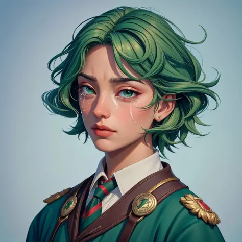 , (((masterpiece, best quality, high quality, aipub))), wide shot of a gorgeous man with medium straight green hair and small wide jade eyes, crying, open eyes, closed mouth,, police uniform outfit, , at hogwarts